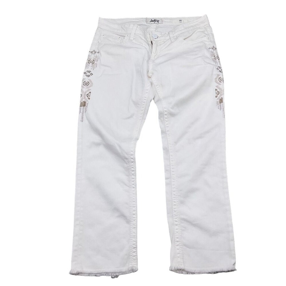 DayTrip‎ Jeans Women 30 White Leo Aztec Embroidery Capris Cut Off Cotton Stretch